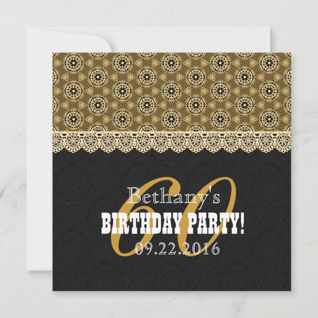 60th BIRTHDAY PARTY For Her A06 Black and Gold Invitation (Front)