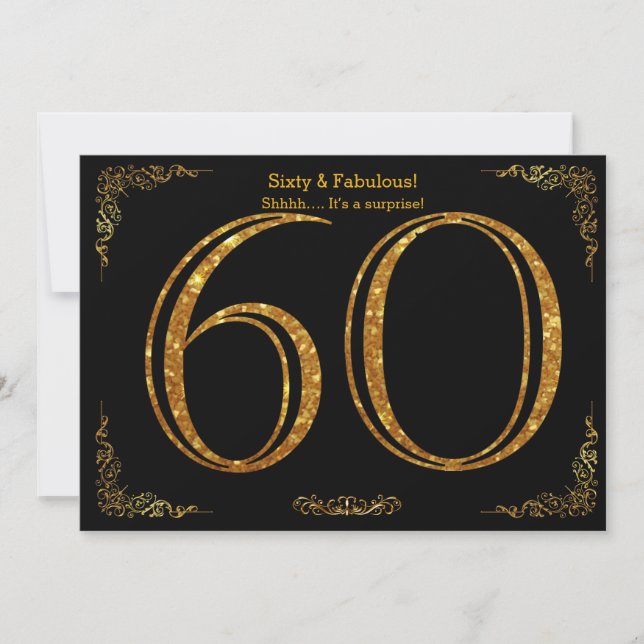 60th Birthday party,Gatsby styl,black gold glitter Invitation (Front)