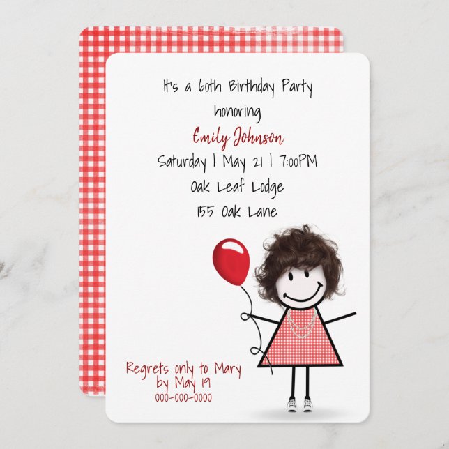 60th Birthday Party Girl with Red Balloon   Invitation (Front/Back)