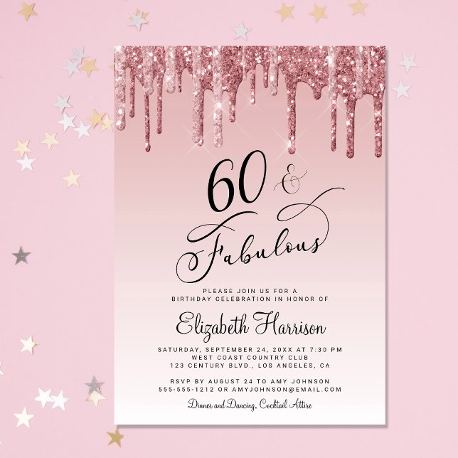 60th Birthday Party Glitter Rose Gold Pink Invitation (Celebrate her 60 years of sparkle with an elegant rose gold glitter birthday party invitation )