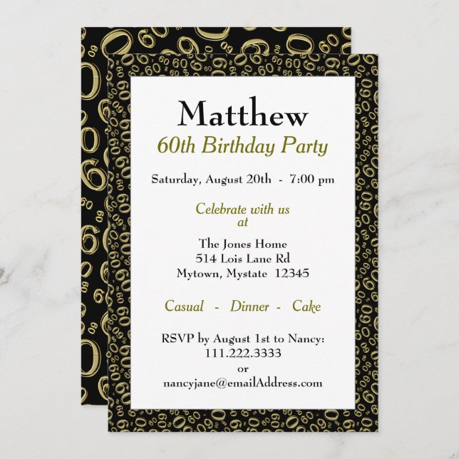 60th Birthday Party Gold and Black Number Pattern Invitation (Front/Back)