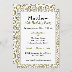 60th Birthday Party Gold and White Number Pattern Invitation