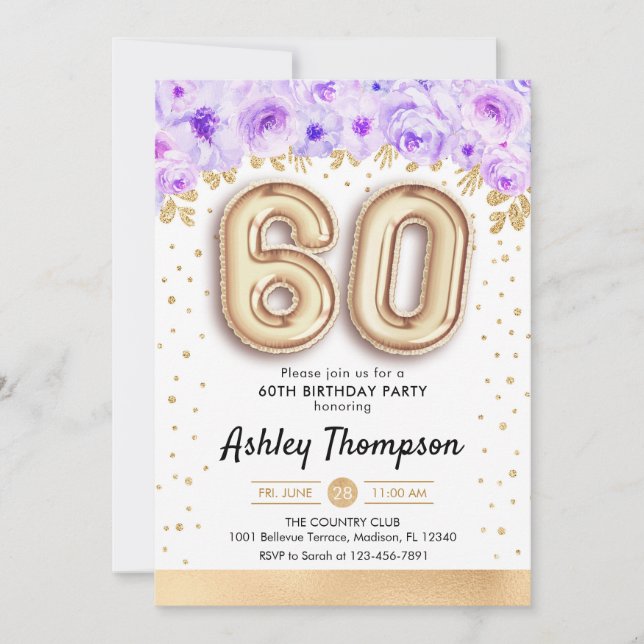 60th Birthday Party - Gold Balloons Purple Invitation (Front)