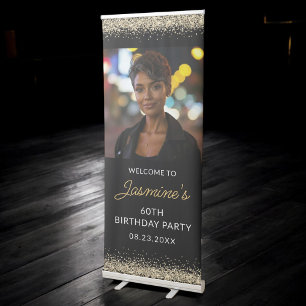 60th Birthday Party Gold Black Glitter Photo Retractable Banner