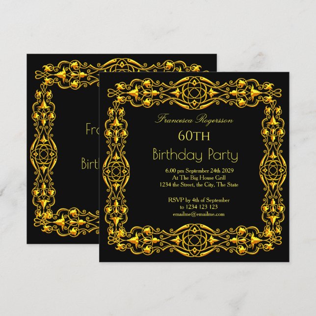 60th Birthday Party Gold Black Invitation (Front/Back)