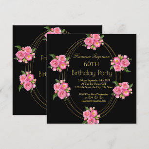 60th Birthday Party Gold Black Pink Flowers Invitation