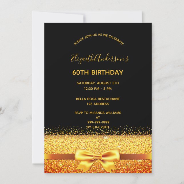 60th birthday party gold black sparkle invitation (Front)