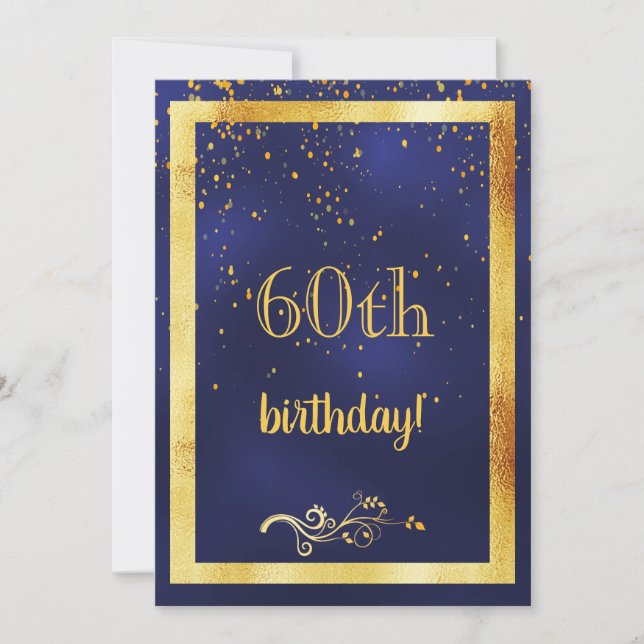 60th birthday party gold frame blue invitation (Front)