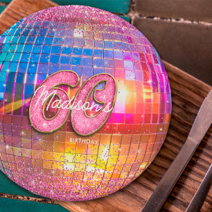 60th Birthday Party Gold Pink Glitter Disco Ball Paper Plate