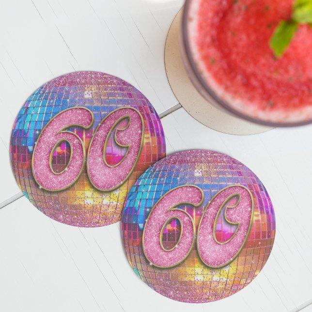 60th Birthday Party Gold Pink Glitter Disco Ball Round Paper Coaster (Creator Uploaded)