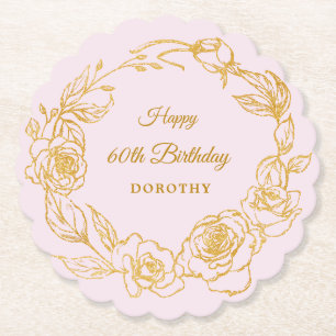 60th Birthday Party Gold Rose Blush Pink Paper Coaster