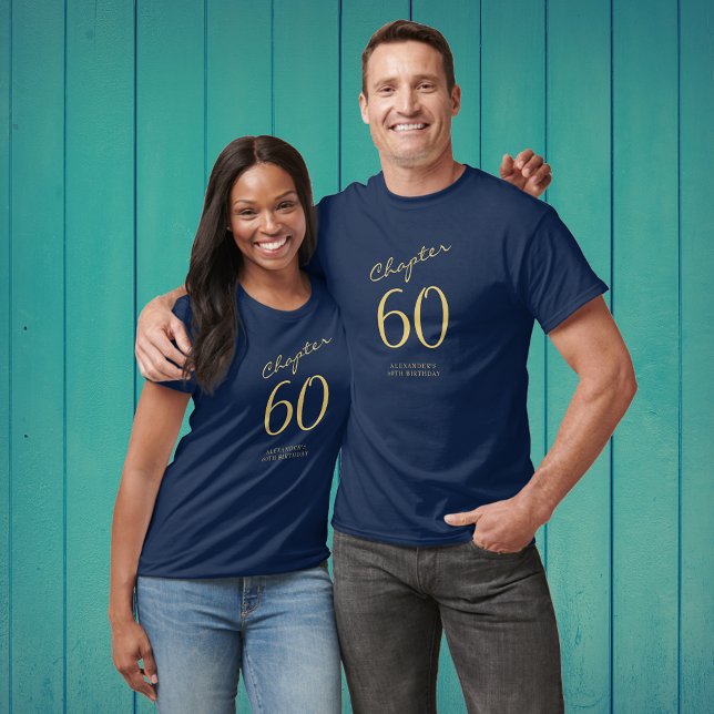 60th Birthday Party Gold Script Blue T-Shirt (Creator Uploaded)