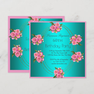 60th Birthday Party Gold Teal Pink Flowers Invitation