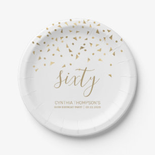 60th Birthday Party Gold Triangle Confetti White Paper Plate
