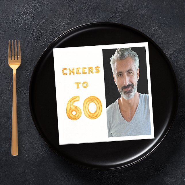 60th birthday party gold white cheers photo napkin (Creator Uploaded)