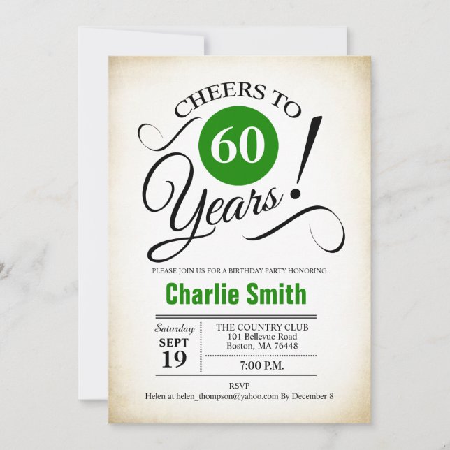 60th Birthday Party - Green Black White Invitation (Front)