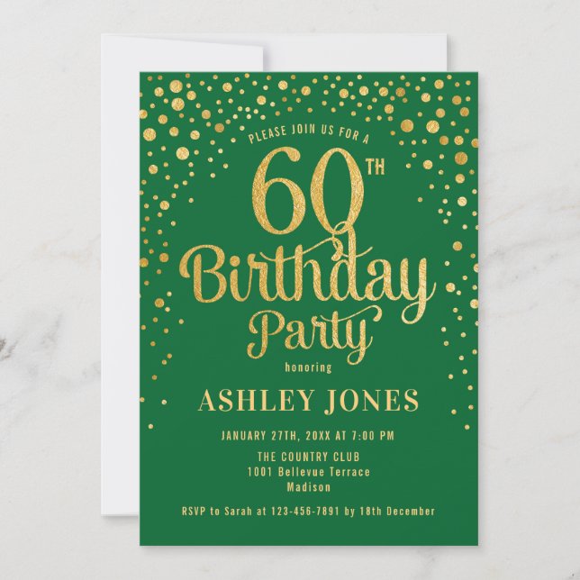 60th Birthday Party - Green & Gold Invitation (Front)
