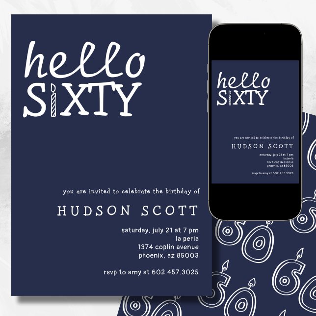  60th Birthday Party Hello Sixty Modern Navy Blue Invitation (Creator Uploaded)
