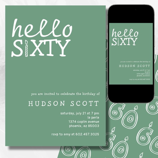  60th Birthday Party Hello Sixty Modern Sage Green Invitation (Creator Uploaded)