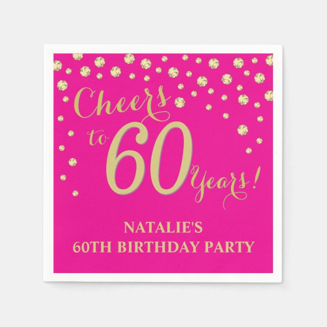 60th Birthday Party Hot Pink and Gold Diamond Napkin (Front)