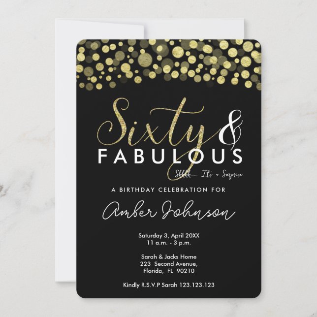 60th birthday party invitation, black and gold invitation (Front)
