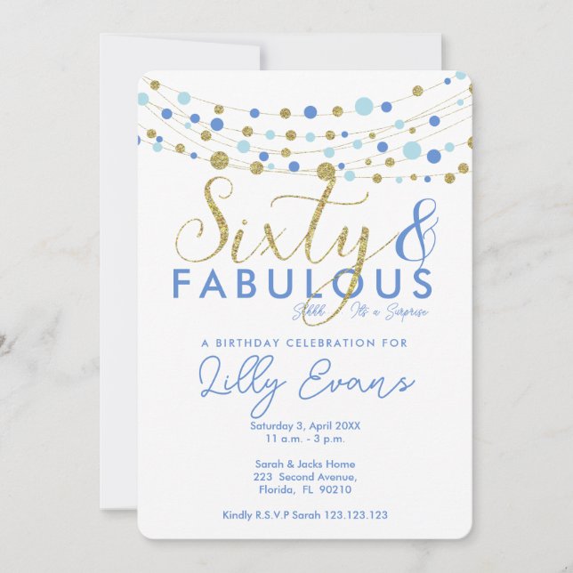 60th birthday party invitation, blue and gold, invitation (Front)
