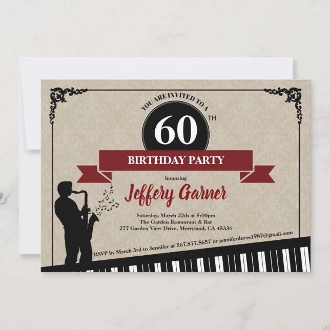 60th birthday party invitation Jazz music theme (Front)