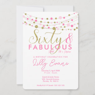 60th birthday party invitation, pink and gold invitation