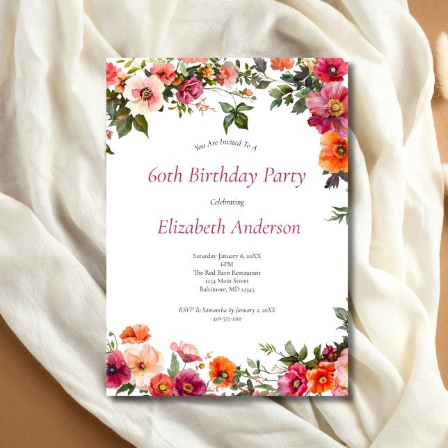60th Birthday Party Invitation Pink Red Florals (Red Pink Watercolor Florals 60th Birthday invitation for her. Printed or Digital Download)