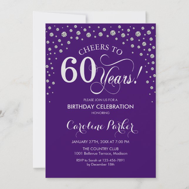 60th Birthday Party Invitation - Silver Purple (Front)