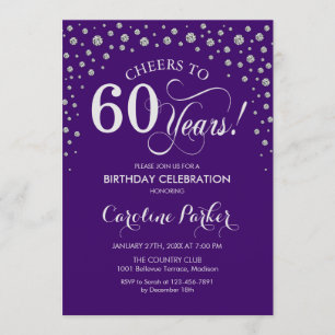 60th Birthday Party Invitation - Silver Purple