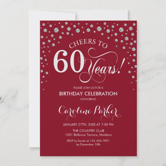 60th Birthday Party Invitation - Silver Red (Front)