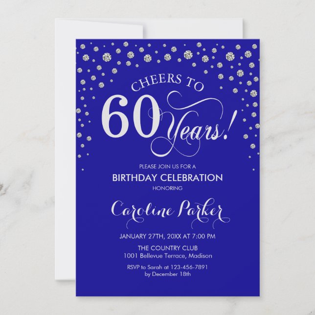 60th Birthday Party Invitation - Silver Royal Blue (Front)