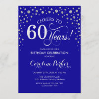 60th Birthday Party Invitation - Silver Royal Blue