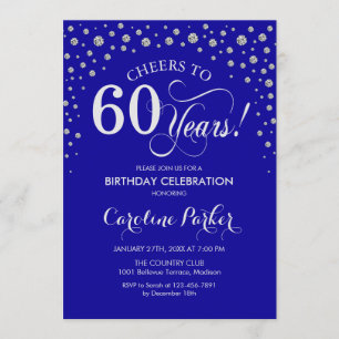60th Birthday Party Invitation - Silver Royal Blue