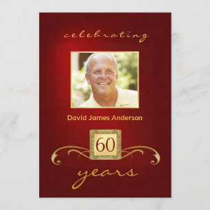 60th Birthday Party Invitations- Red Gold Monogram Invitation