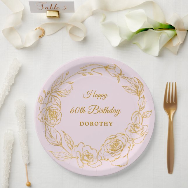 60th Birthday Party Luxe Gold Rose Floral Pink Paper Plate (Wedding)