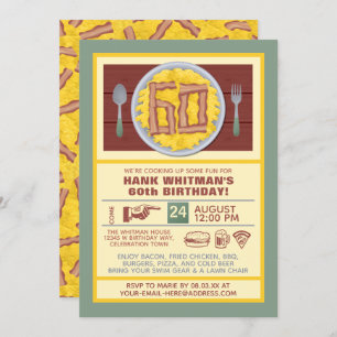 60th Birthday Party Mens Funny Bacon Eggs Theme Invitation