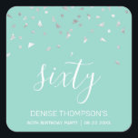 60th Birthday Party Mint Green Silver Confetti Square Sticker<br><div class="desc">Help her celebrate her 60th birthday in style with this simple but elegant design, featuring faux silver triangular confetti sifting down on the word "sixty" in white handwriting font on a mint green background. Personalise it with the name of the honoree in white sans serif font, along with the occasion...</div>