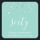 60th Birthday Party Mint Green Silver Confetti Square Sticker<br><div class="desc">Help her celebrate her 60th birthday in style with this simple but elegant design, featuring faux silver triangular confetti sifting down on the word "sixty" in white handwriting font on a mint green background. Personalise it with the name of the honoree in white sans serif font, along with the occasion...</div>