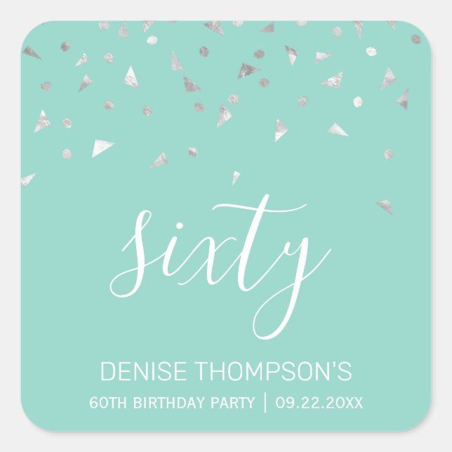 60th Birthday Party Mint Green Silver Confetti Square Sticker (Front)