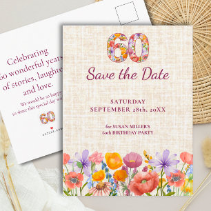 60th Birthday Party - Modern Floral Save the Date Announcement Postcard