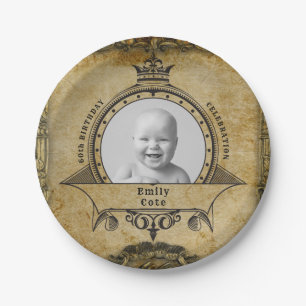 60th Birthday Party Monogram Photo Vintage Retro Paper Plate