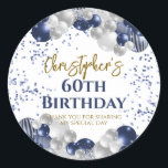 60th Birthday Party Navy Balloons Classic Round Sticker<br><div class="desc">A gorgeous 60th birthday party or celebration favour sticker. This fabulous navy blue and silver balloons design is the perfect  way to decorate your favour bags for a 60th celebration or sixtieth party.</div>