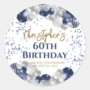 60th Birthday Party Navy Balloons Classic Round Sticker