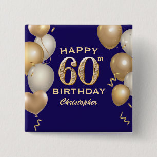 60th Birthday Party Navy Blue and Gold Balloons 15 Cm Square Badge