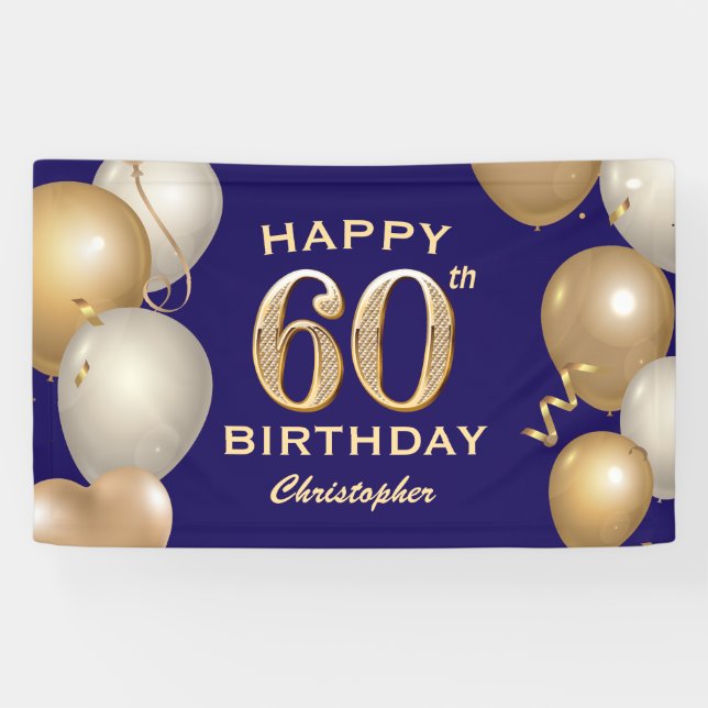 60th Birthday Party Navy Blue and Gold Balloons Banner (Horizontal)