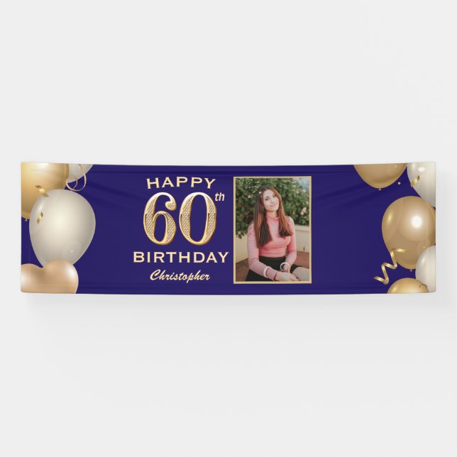 60th Birthday Party Navy Blue and Gold Balloons Banner (Horizontal)