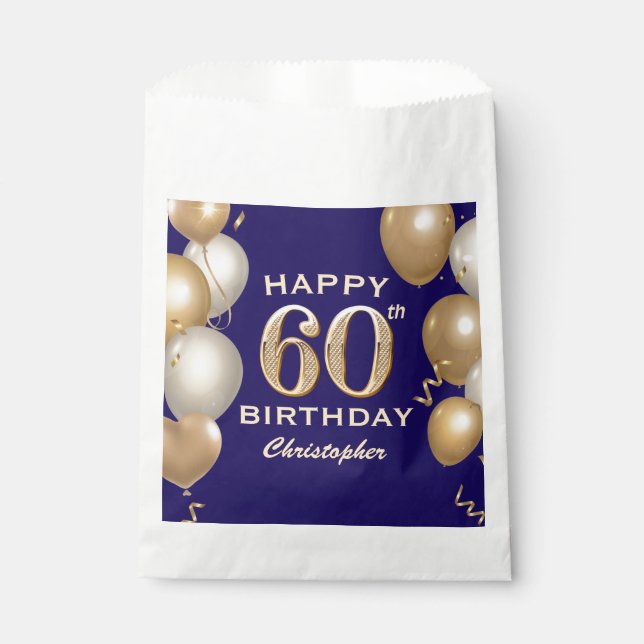 60th Birthday Party Navy Blue and Gold Balloons Favour Bags (Front)