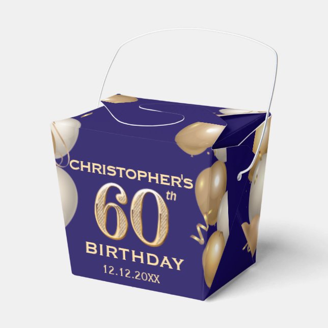 60th Birthday Party Navy Blue and Gold Balloons Favour Box (Front Side)